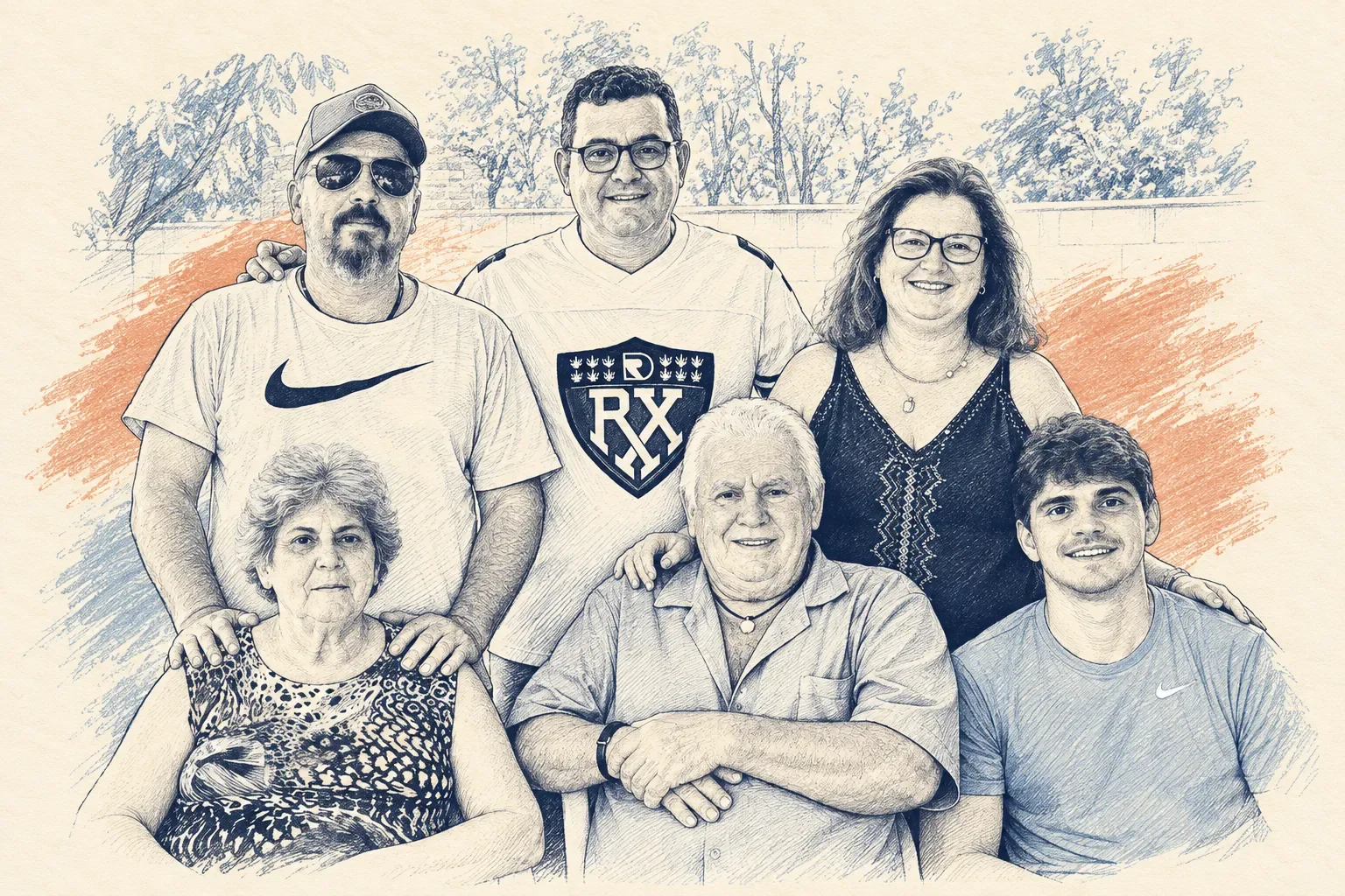 André Ribeiro com a família, em ilustração a tinta.