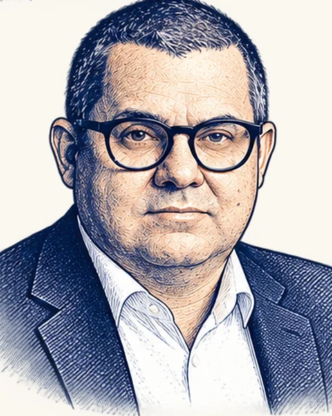 André Ribeiro, fundador da VOUAR, em retrato desenhado a tinta