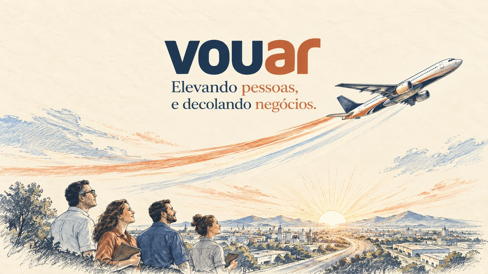 Um avião decola sobre a cidade enquanto quatro pessoas olham o horizonte, com a marca VOUAR e a frase: elevando pessoas, e decolando negócios.