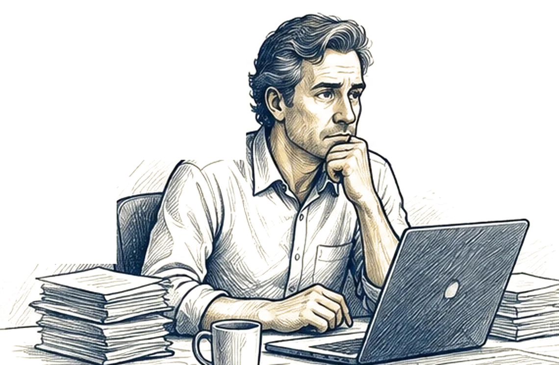 O dono pensativo diante do notebook, entre pilhas de papel.