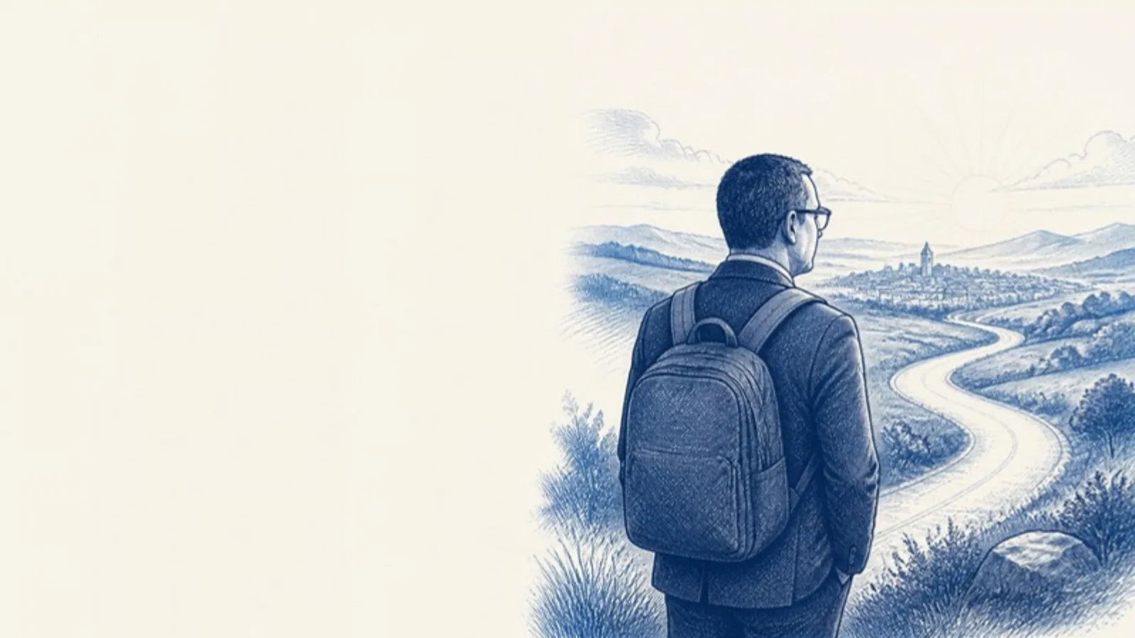 De costas, de mochila, olhando o caminho até a cidade.