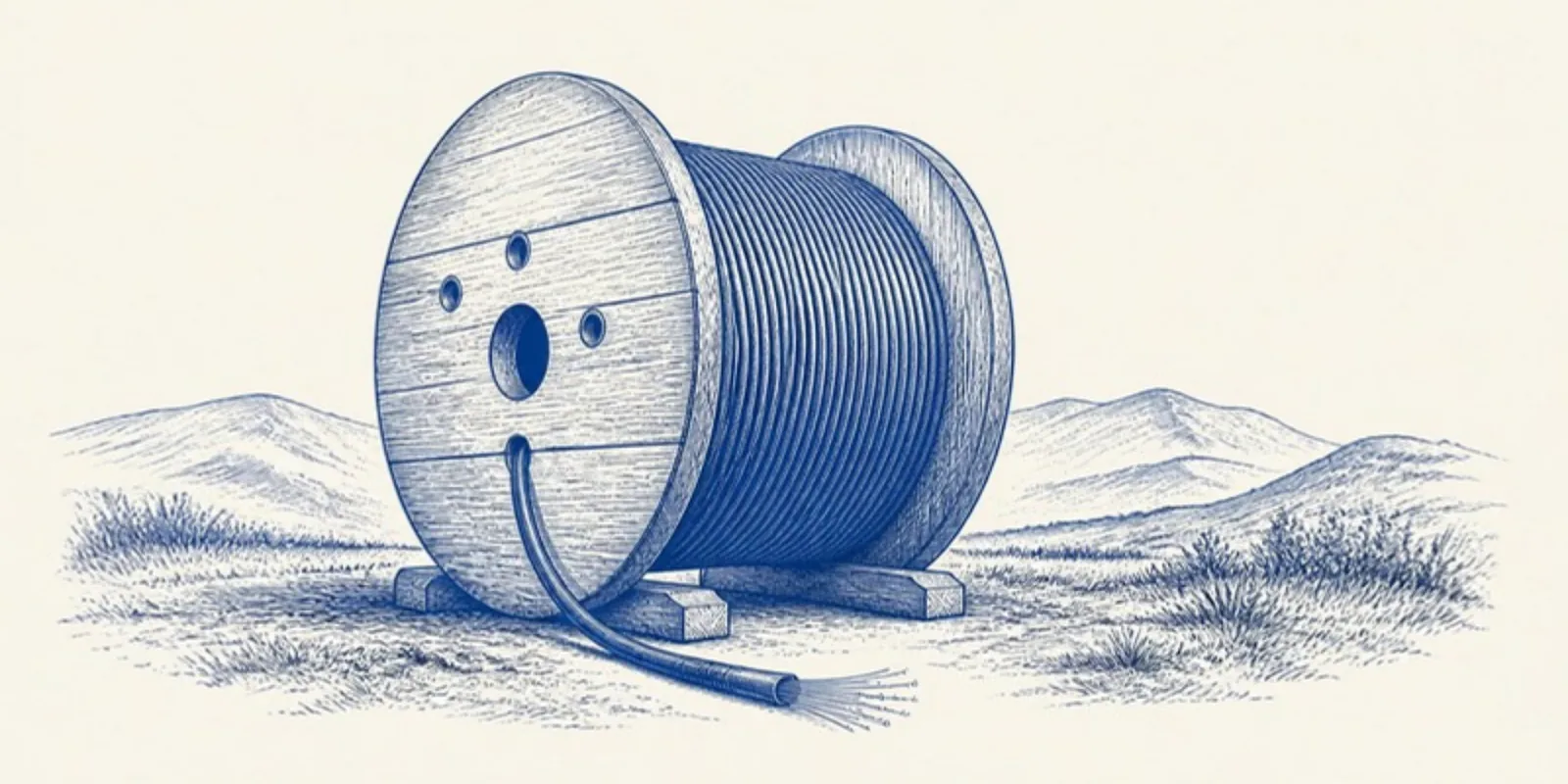 Uma bobina de cabo de fibra no campo.