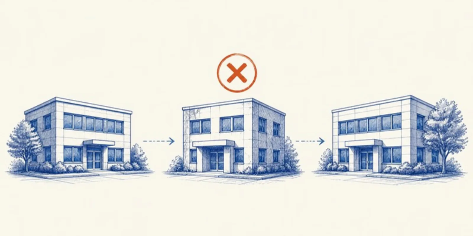 Três prédios ligados por setas, com um sinal de não no do meio.