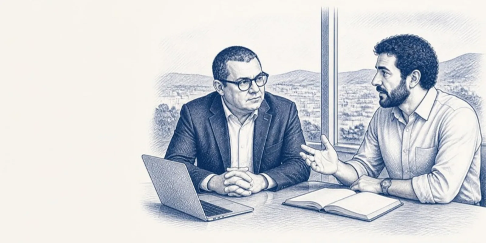 André e o dono conversando à mesa.