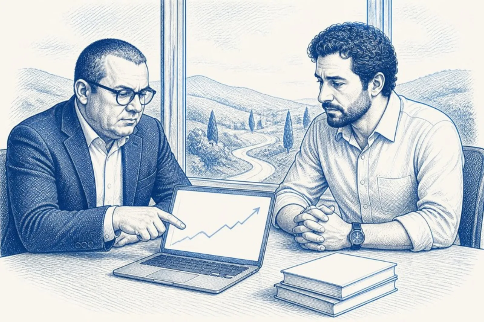 André e um dono conversando diante de um gráfico.