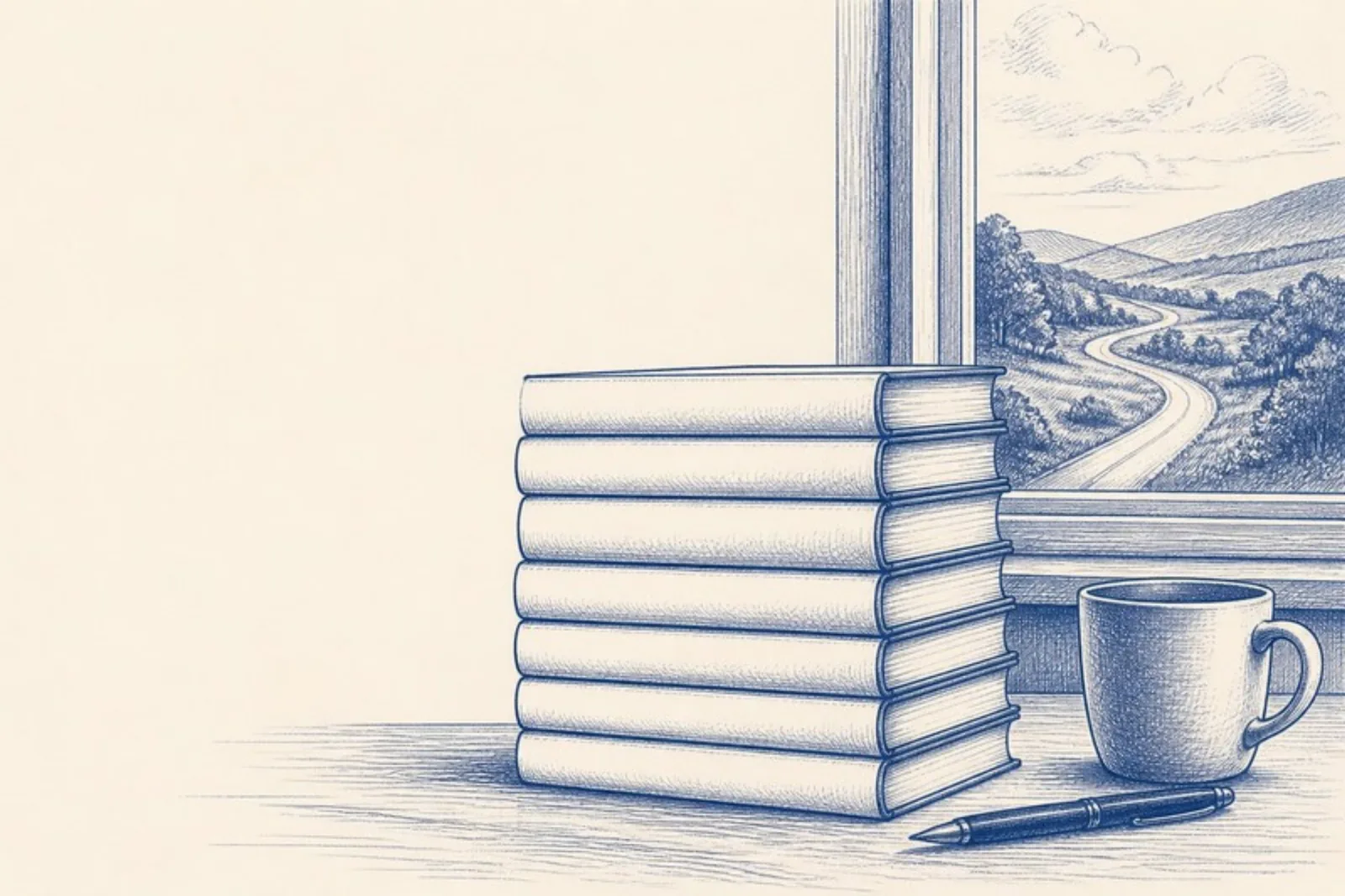Uma pilha de livros ao lado da janela, com uma xícara.