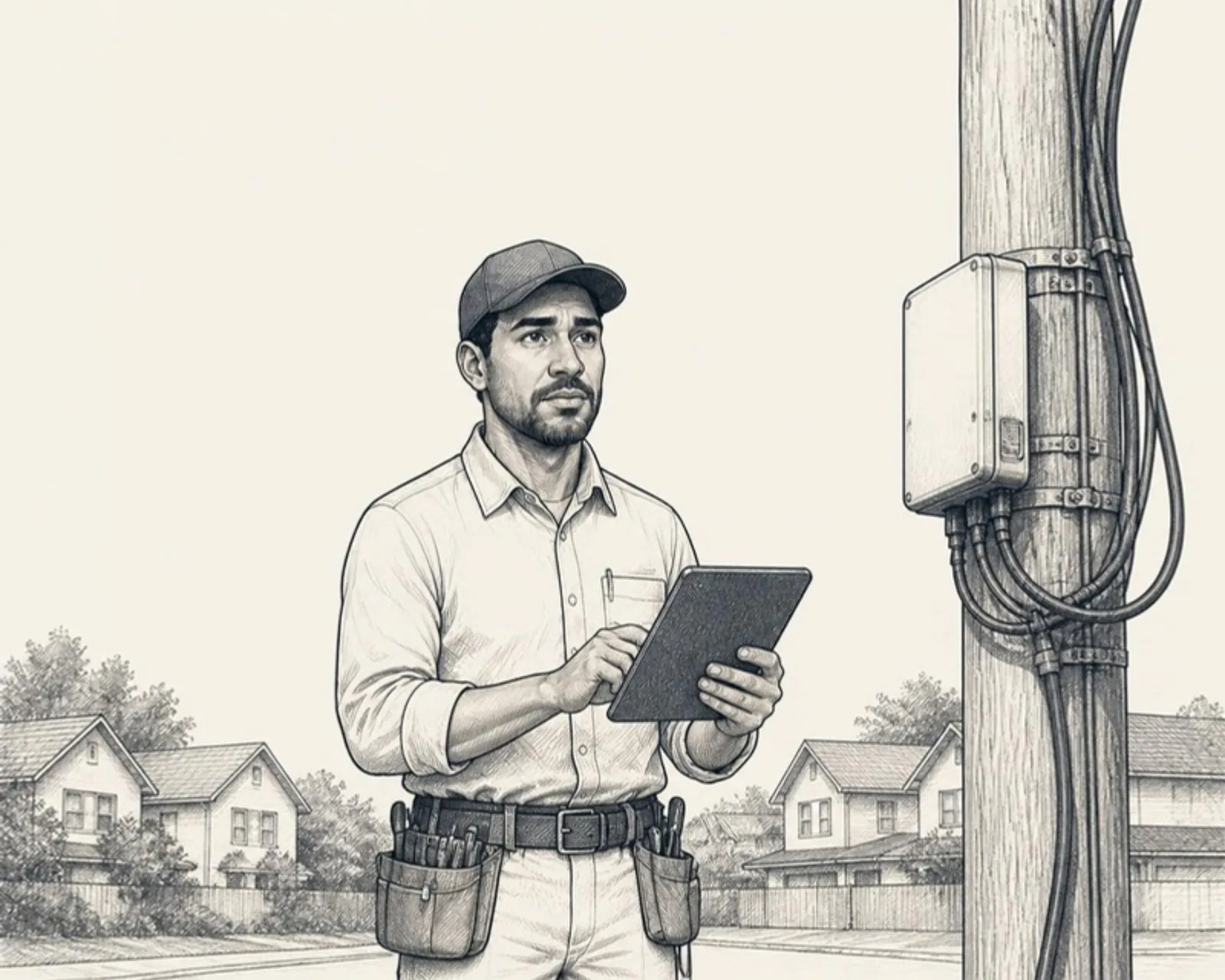 O técnico de campo com o tablet, ao lado do poste.