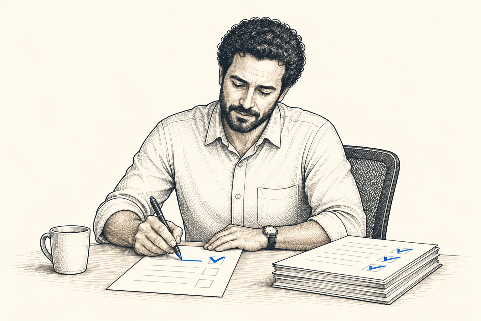 O dono dá o visto azul numa folha de processo, ao lado das folhas já validadas.