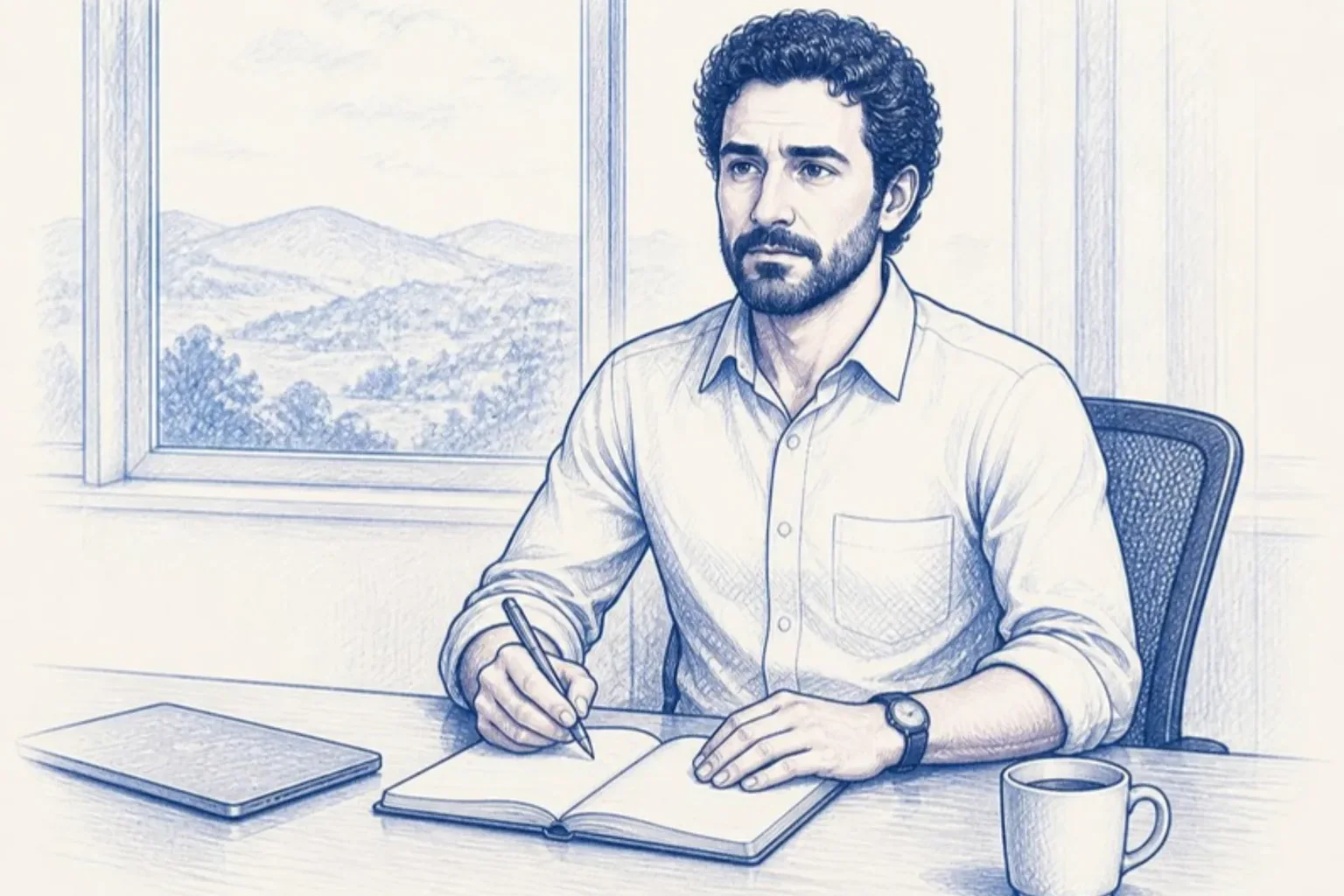 O dono escreve com calma na mesa limpa, diante da janela aberta para a paisagem.