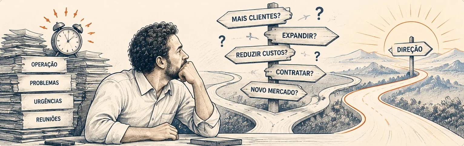 O empresário, entre pilhas de operação, problemas, urgências e reuniões, olha placas com perguntas: mais clientes, expandir, reduzir custos, contratar, novo mercado. Ao fundo, uma estrada leva à placa Direção, sob o sol.