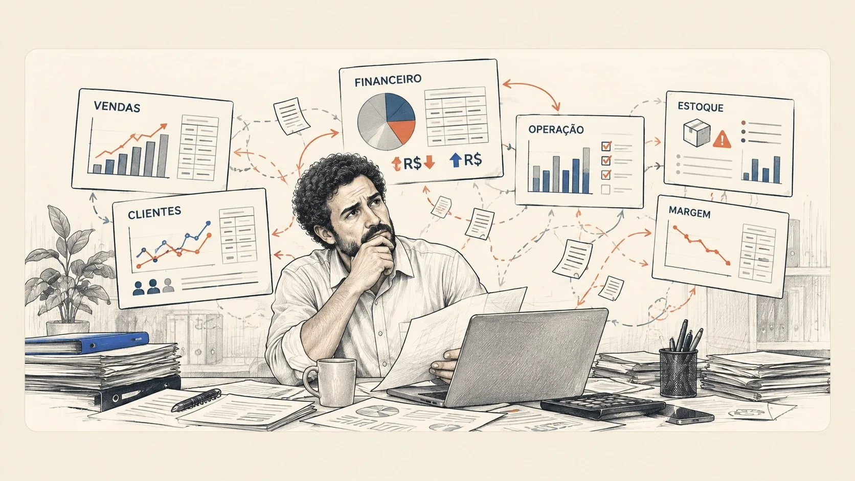 O empresário pensativo entre painéis soltos de vendas, clientes, financeiro, operação, estoque e margem, ligados por setas que não se encontram.
