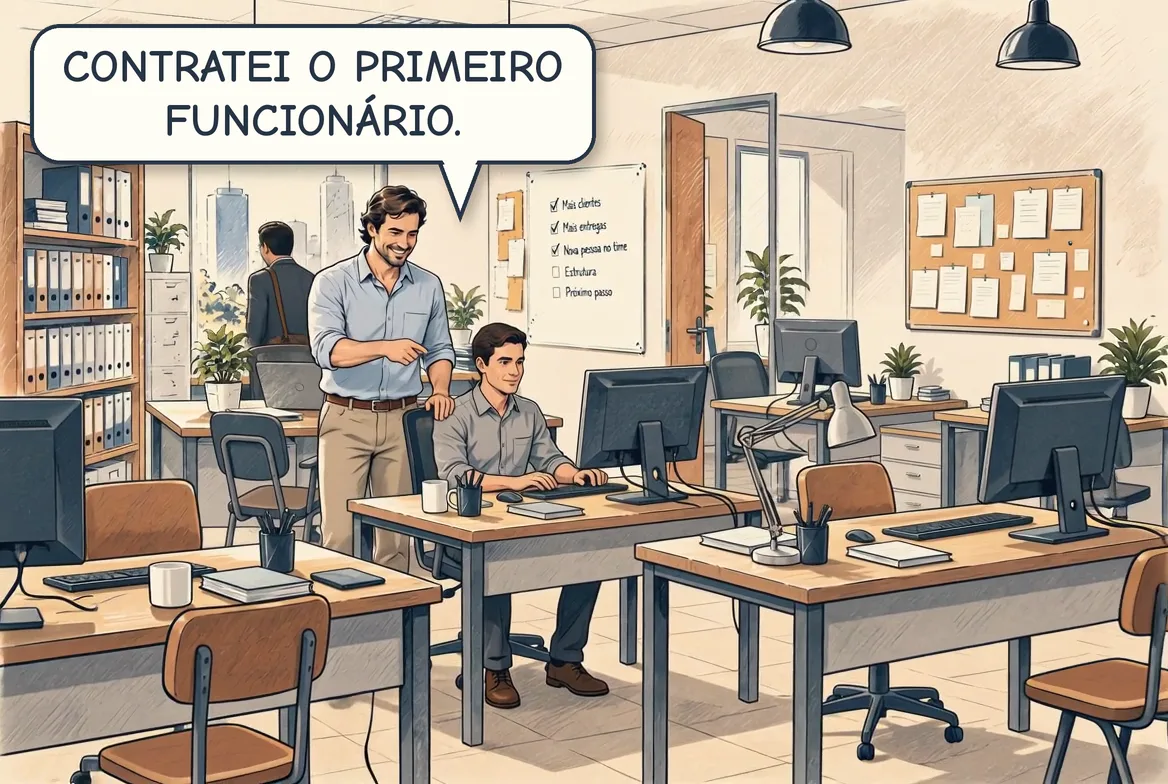 O dono trabalha sozinho na mesa do escritório. O primeiro cliente entra e eles apertam as mãos. Depois chega o primeiro funcionário, e o escritório se enche de mesas.