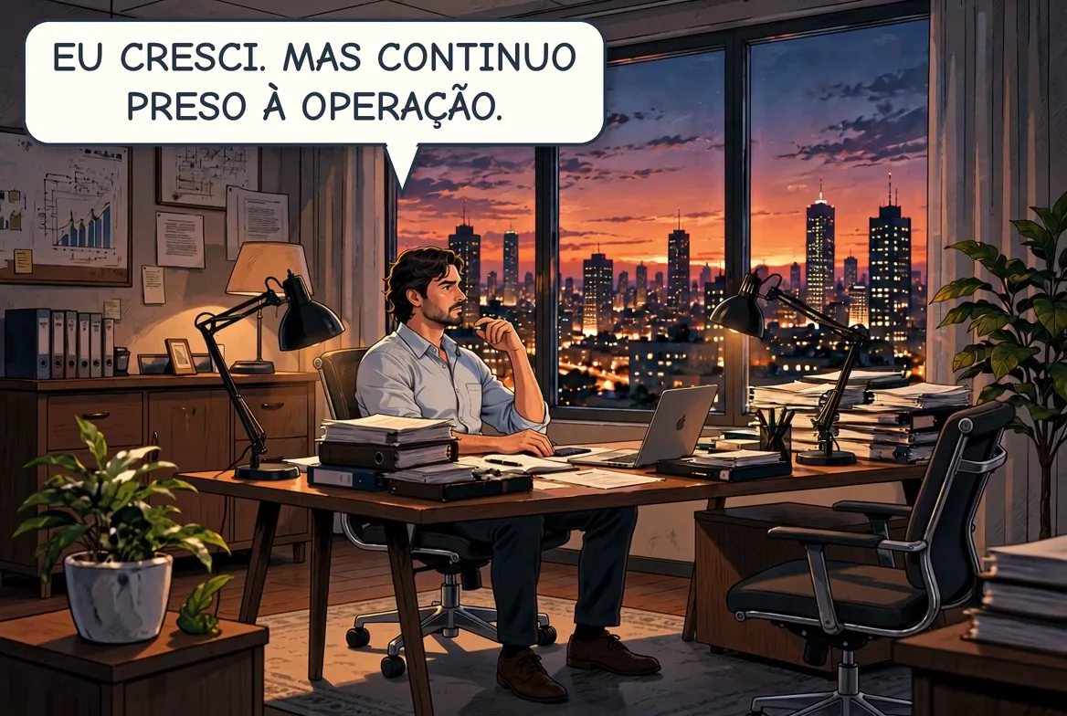 A equipe inteira cerca a mesa do dono com papéis e perguntas. À noite, ele continua sozinho no escritório, cansado, entre pilhas de papel. No fim, sentado diante da cidade iluminada, ele pensa.
