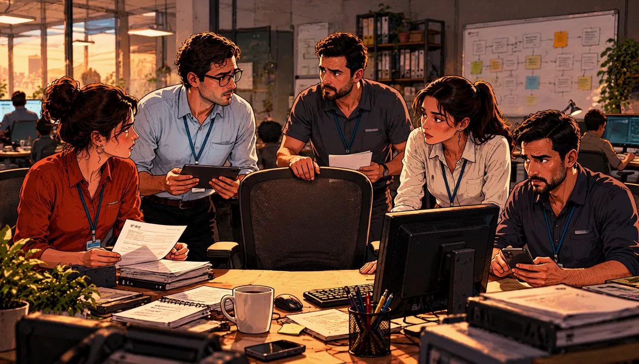 Uma cadeira vazia na mesa de trabalho e colegas com pontos de interrogação, sem saber como continuar.