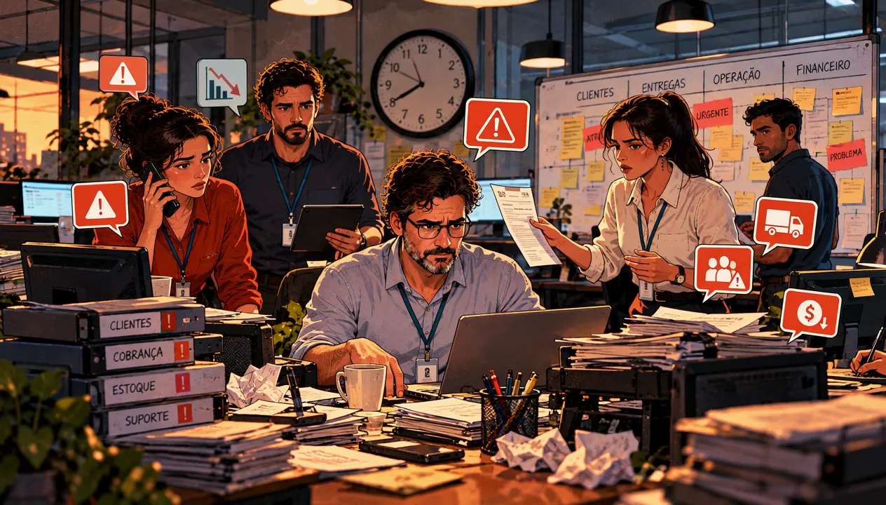 O dono na mesa, cercado pela equipe com alertas e pedidos de decisão.
