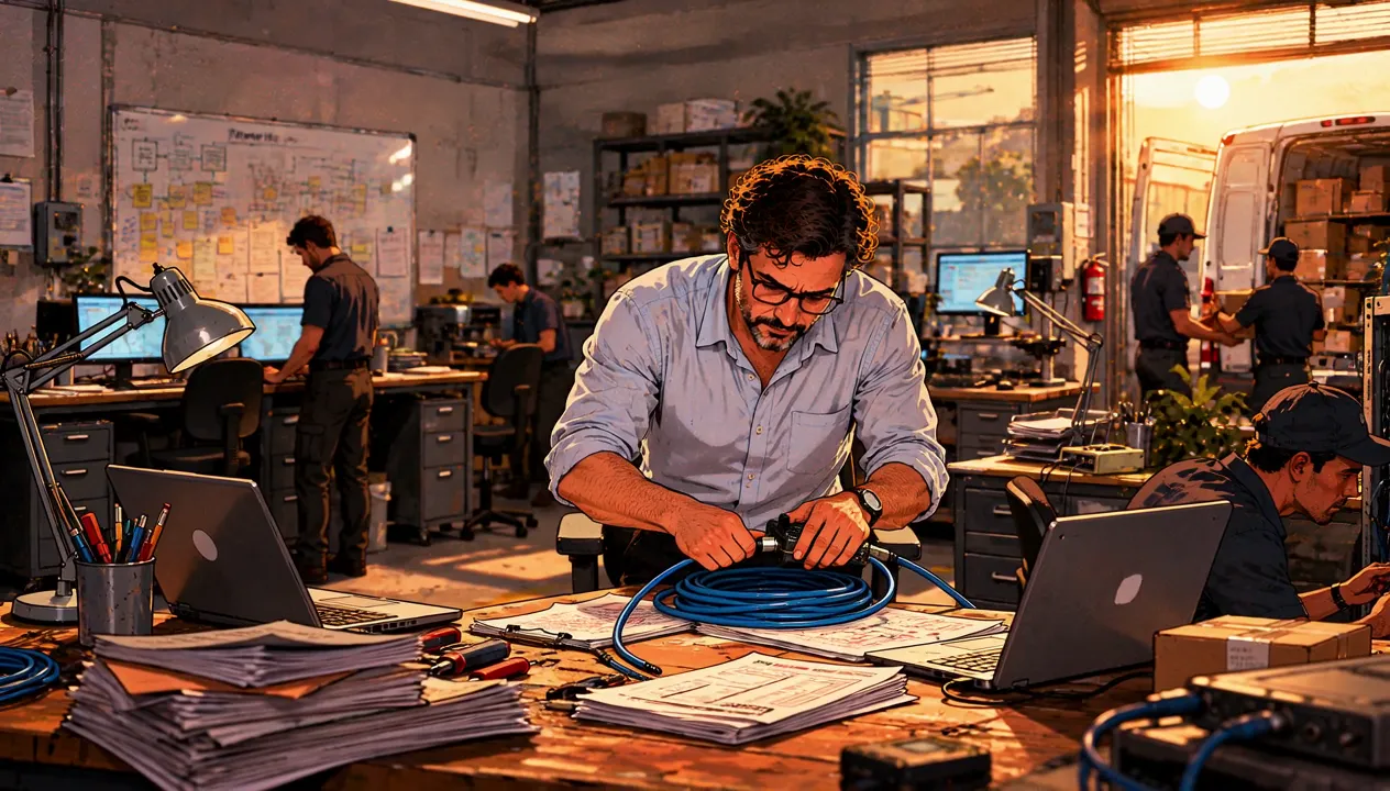 O dono mexendo em cabos e equipamentos, fazendo o trabalho técnico no meio do escritório.