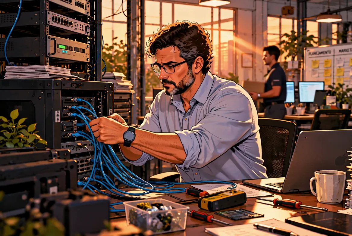 O dono com os cabos na mão e um quadro cheio de informações atrás, sem conseguir parar para ver a empresa inteira.